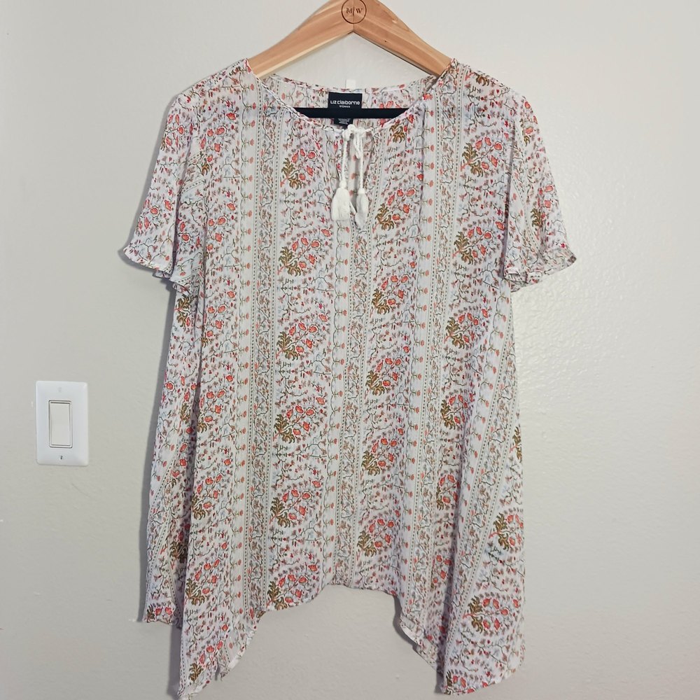 Liz Claiborne Woman Summer Boho Short Bell Sleeve Red Green White Size 1X Blouse